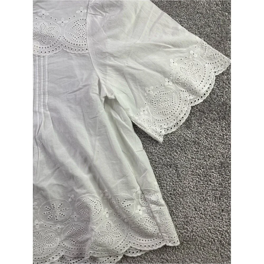 Madewell Embroidered Pintuck High-Neck Top Women’s Medium White Short Sleeve - Picture 6 of 9